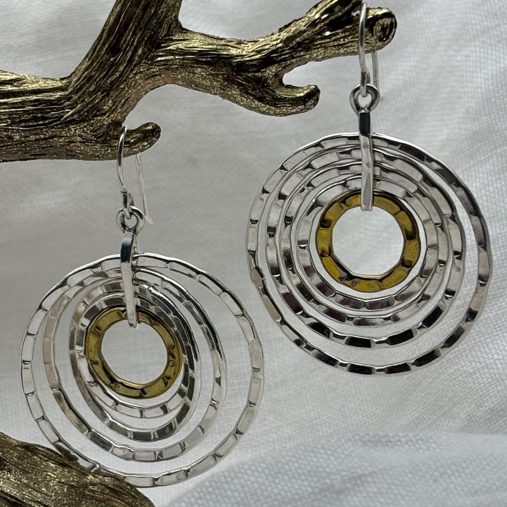 925 Sterling Silver & Brass Dangle Hoop Earrings CII Mexico